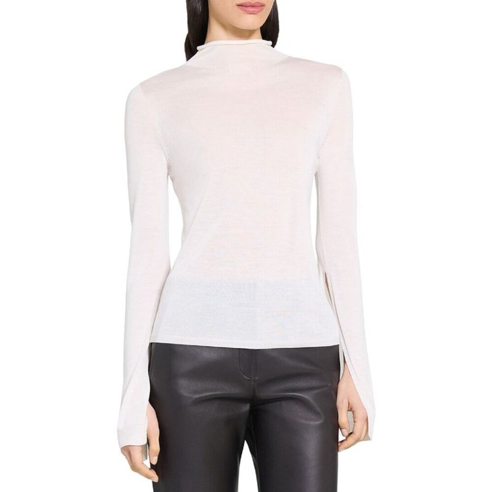 Theory Womens  Slit Sleeve Turtleneck Wool-Blend Sweater, White
